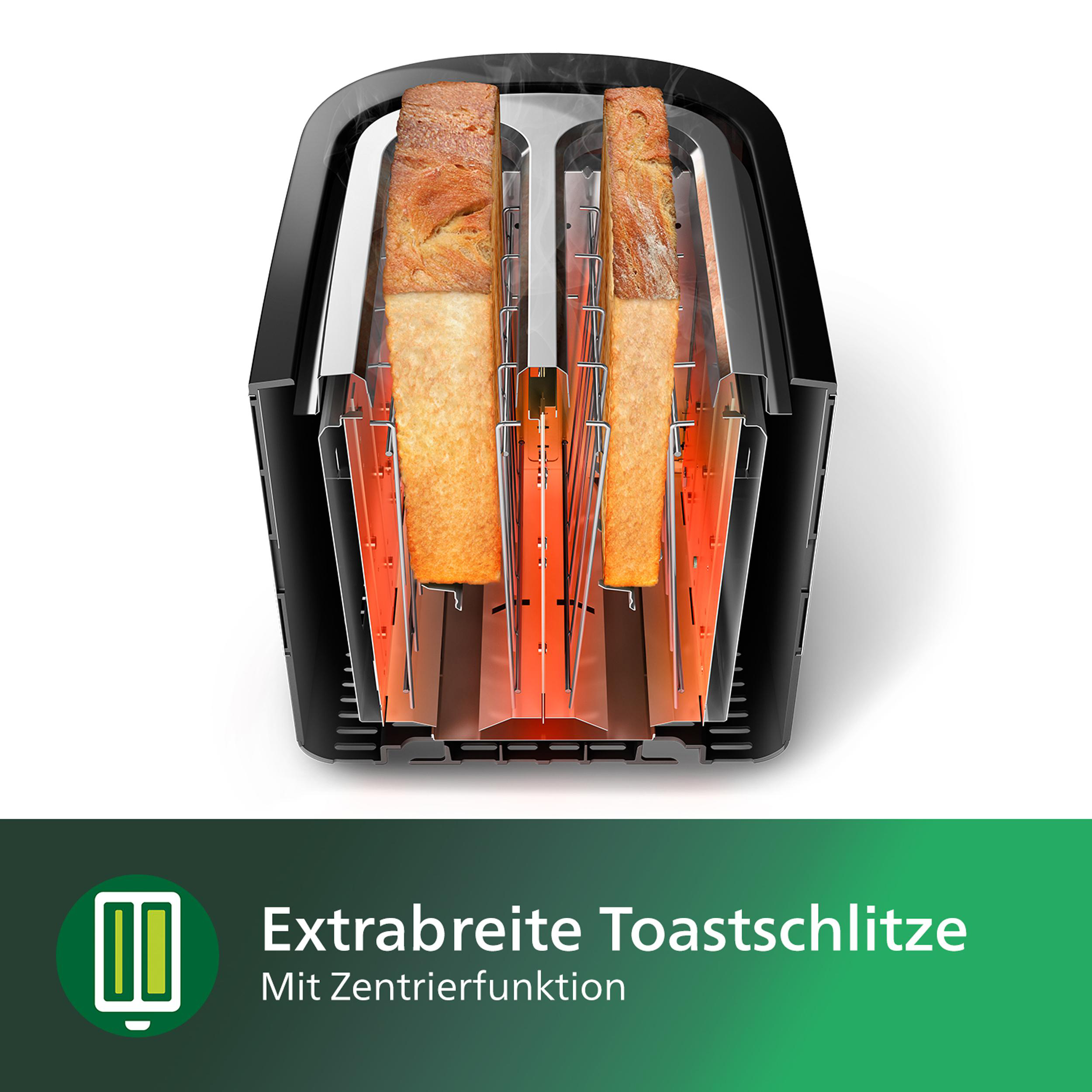 Schwarzer Toaster. Zwei Toastscheiben innen, heizen.