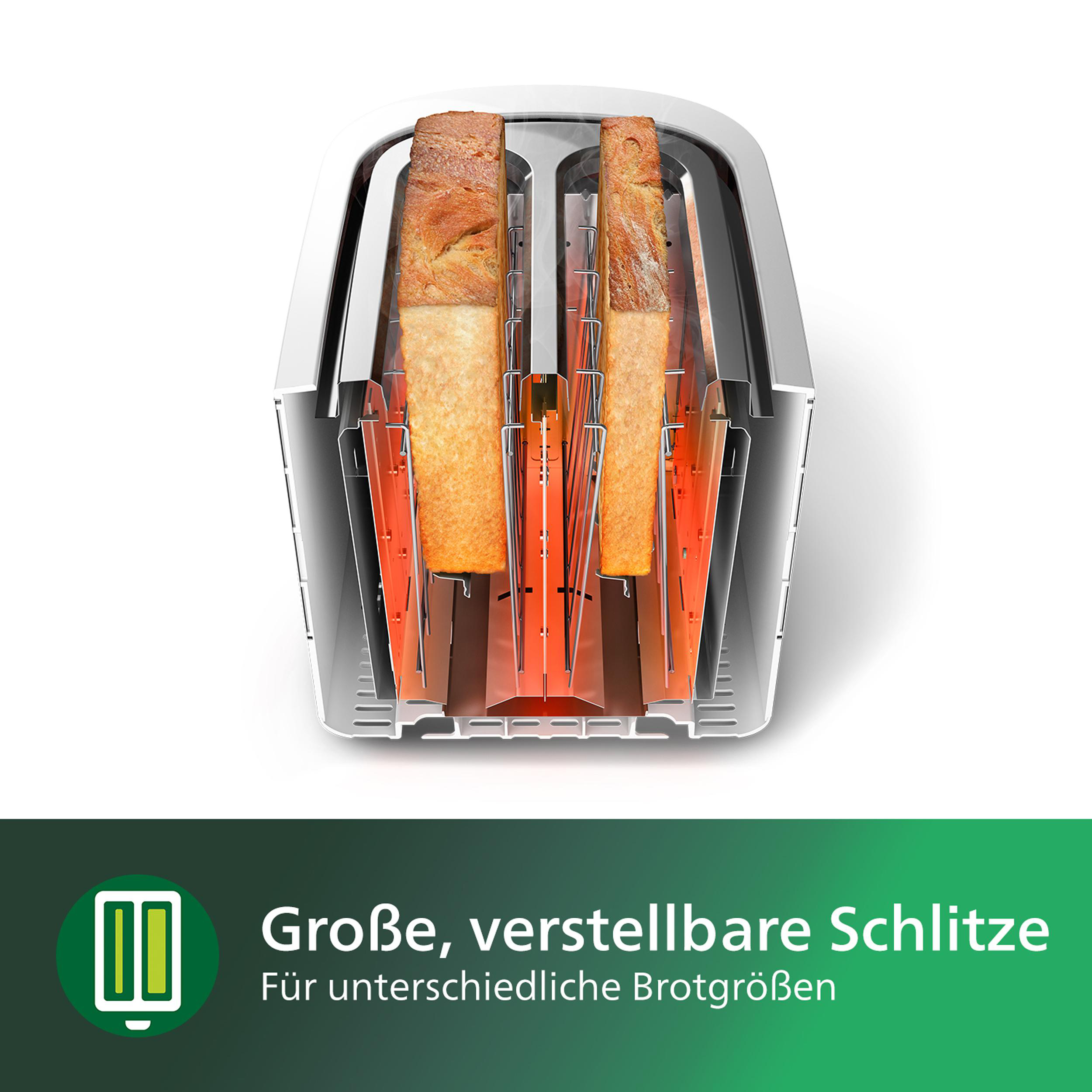 Weißer Toaster mit Brot, Heizelemente leuchten. Text: „Große, verstellbare Schlitze“.