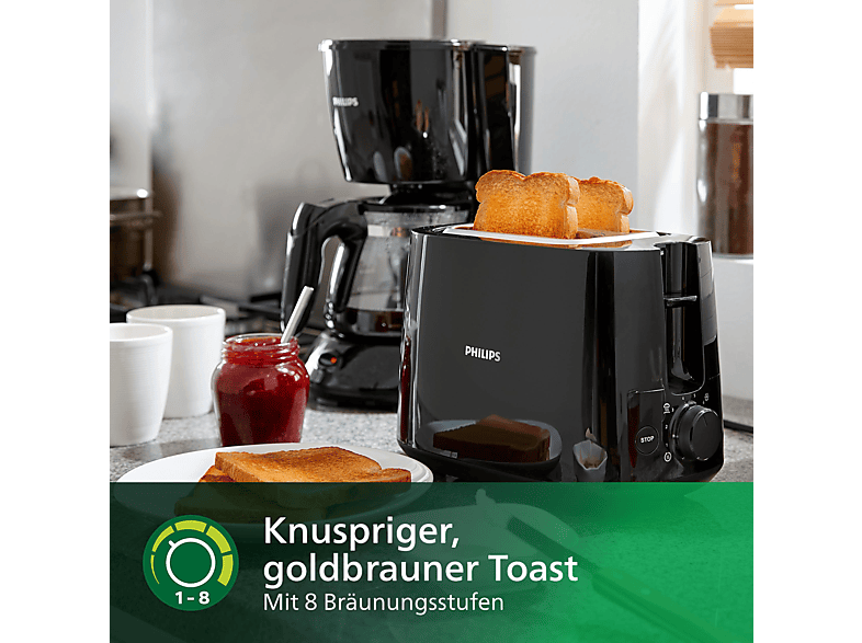 PHILIPS HD2581/90 Daily Collection 8 Stufen, Krümelschublade, Brötchenaufsatz Toaster Schwarz (830 Watt, Schlitze: 2)