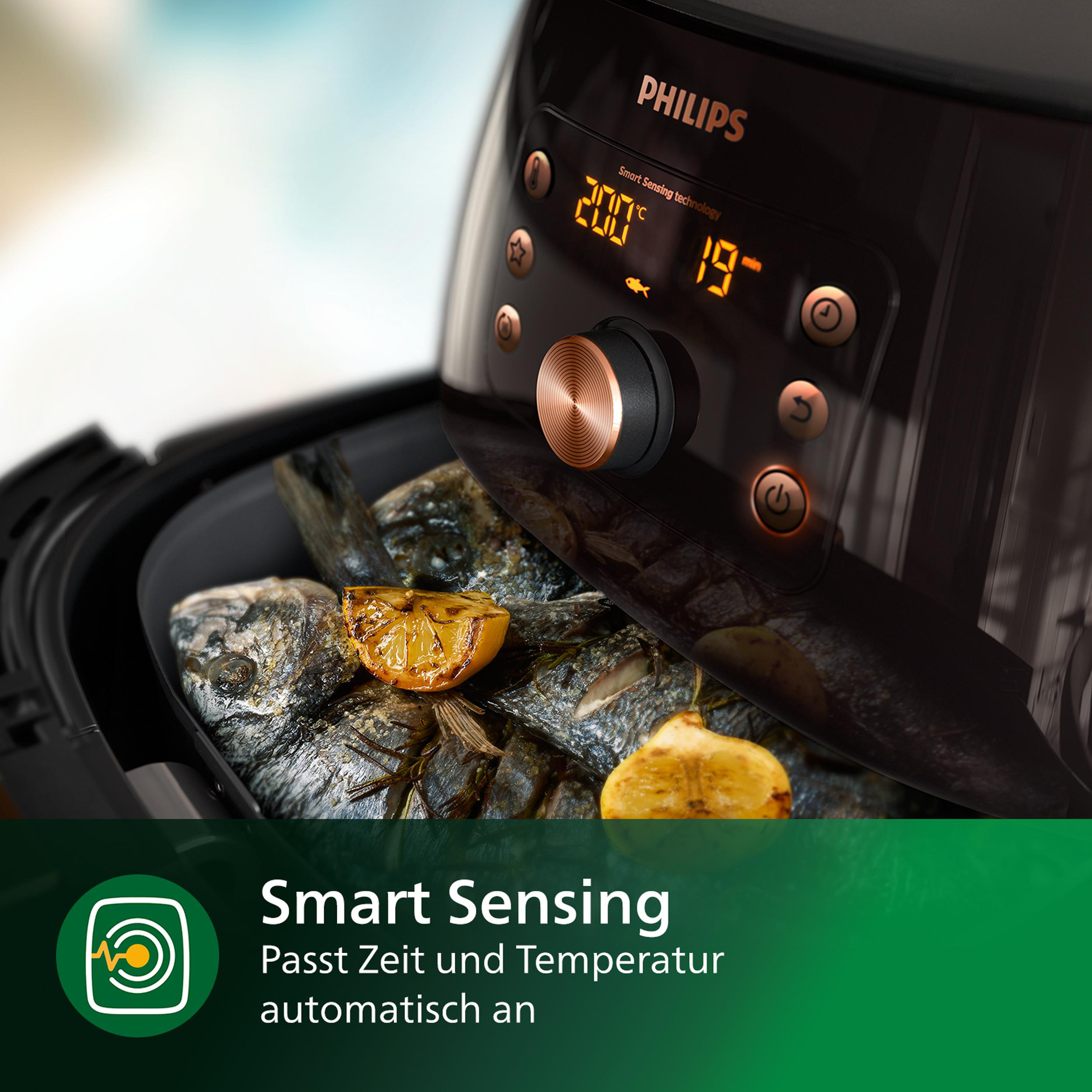 PHILIPS HD9860/90 Smart 7.3L Sensing Heißluftfritteuse Schwarz/Kupfer 2225 Airfryer Watt