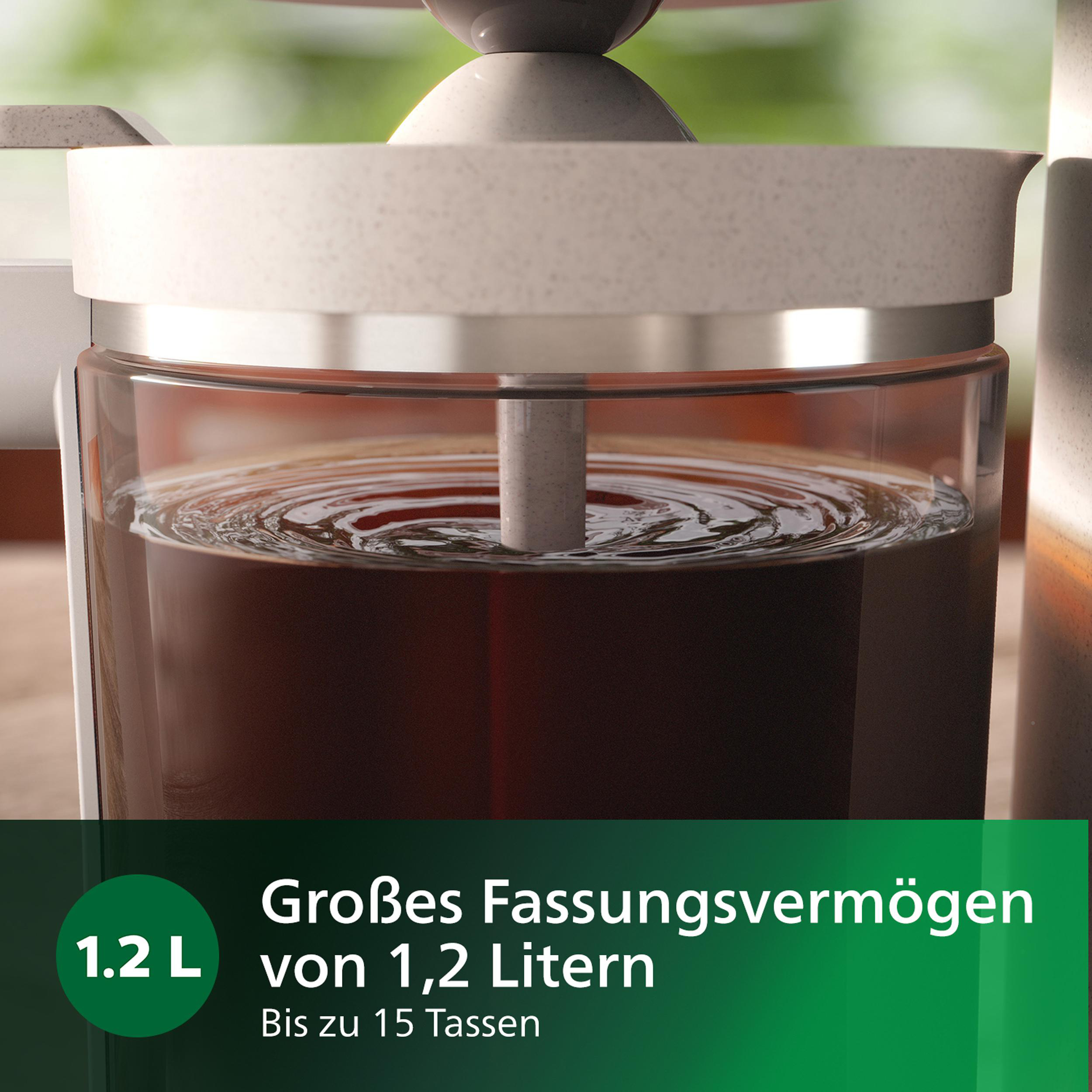 Kaffeemaschine. Glaskaraffe mit Kaffee. Weißer Deckel.