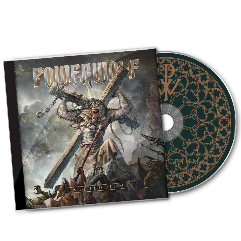 Albumcover mit Werwolf, der ein Kreuz hält, und CD-Hülle. Weißer Hintergrund.