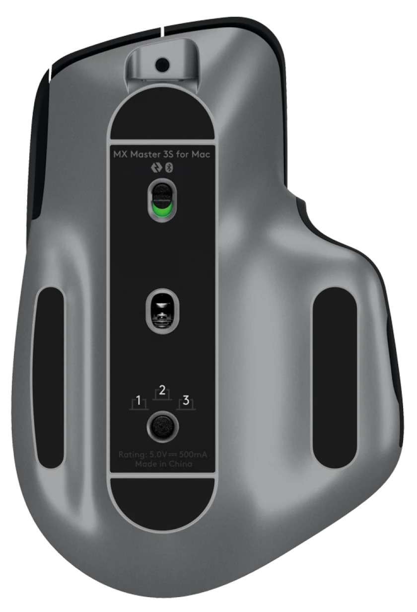 Ezüst Logitech MX Master 3S egér, alsó nézet, gombokkal és jelölésekkel.