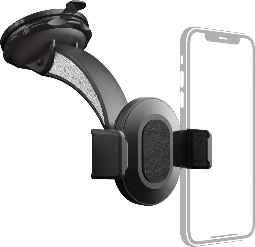 Support de téléphone de voiture noir avec téléphone, sur fond blanc.