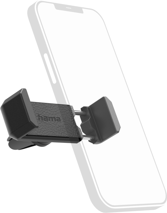 Téléphone maintenu dans un support de voiture noir et gris. Le support tient un téléphone blanc. "hama" est imprimé sur le support.