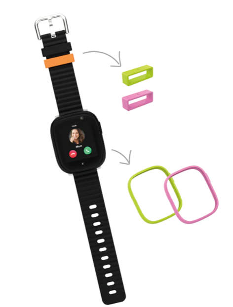 Smartwatch mit Anruf auf dem Bildschirm. Farbige Armbänder daneben.