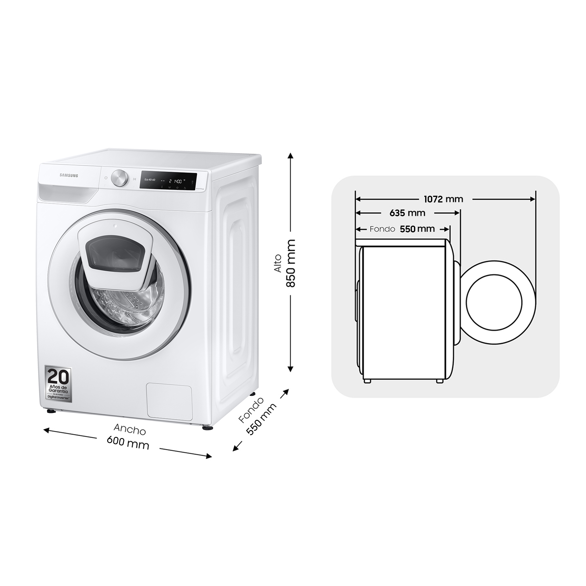 Lavadora Samsung blanca con dimensiones. Dimensiones: 600 mm ancho, 850 mm alto, 550 mm profundidad.