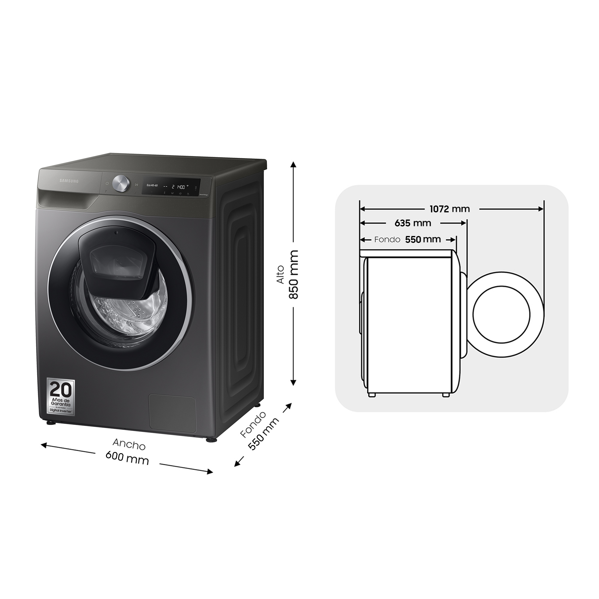 Una lavadora Samsung gris con las dimensiones que se muestran al lado.