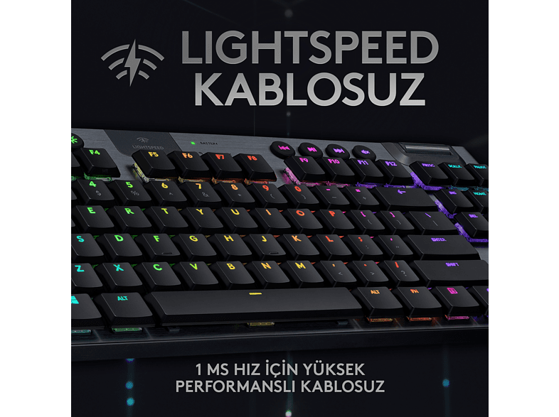 Renkli tuşlara sahip arkadan aydınlatmalı bir klavye. Üzerinde "LIGHTSPEED" yazısı var.