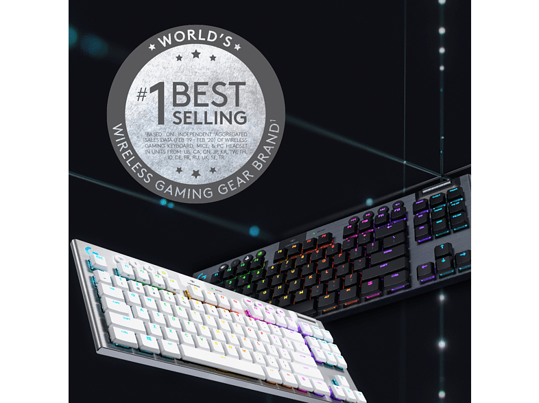 RGB ışıklı iki oyun klavyesi ve 'Dünyanın 1 Numaralı En Çok Satan' yazan bir metin.