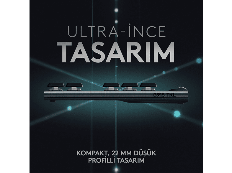 Karanlık bir arka plan üzerinde bir klavye, üstte ve altta metin var.