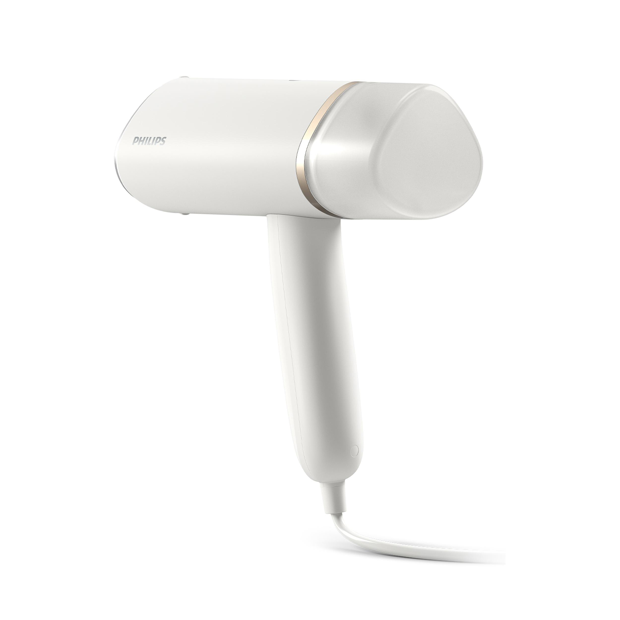 Ein weißer und goldener Philips Dampfglätter. Er hat einen Griff und ein Kabel.