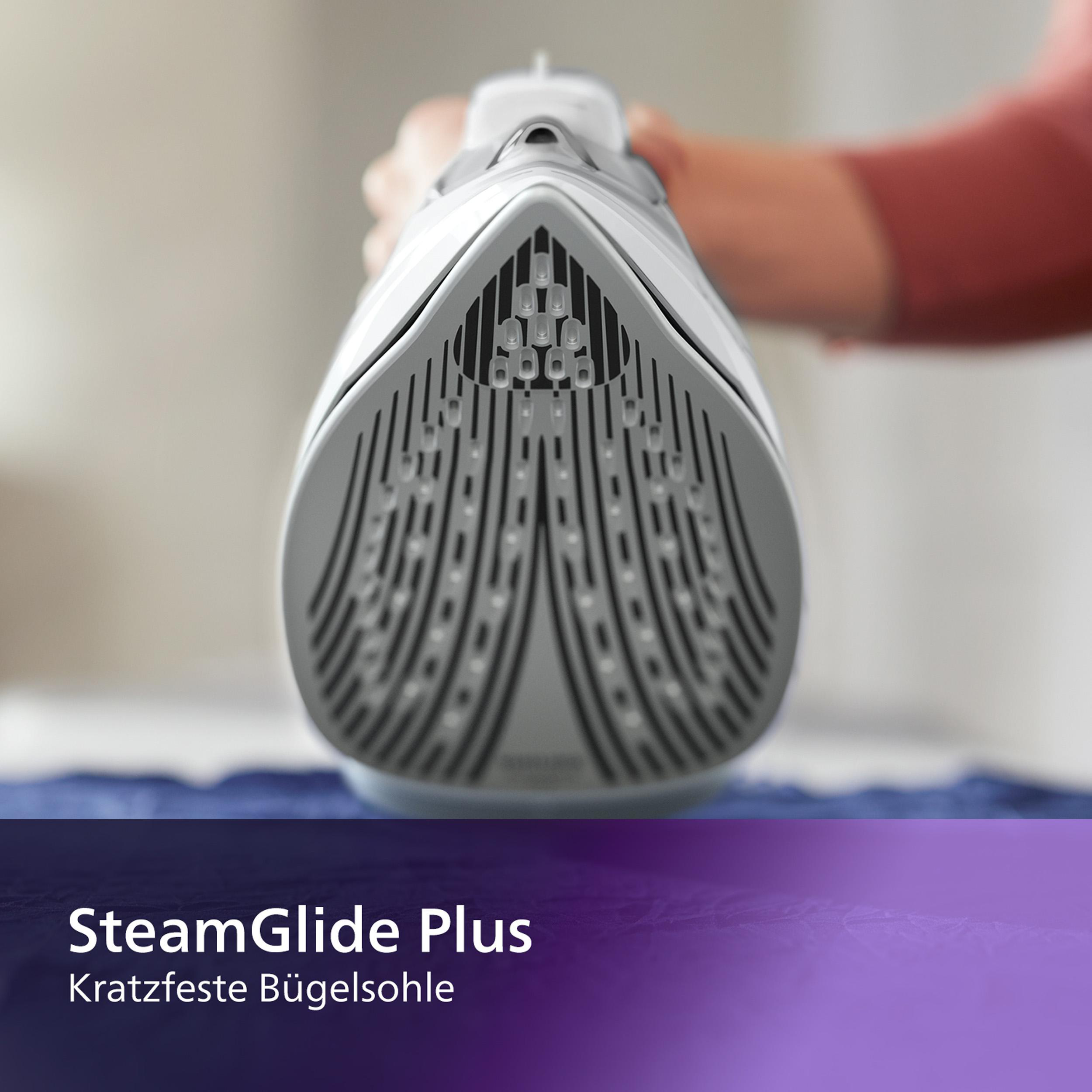 Bügeleisen mit SteamGlide Plus-Text, eine Hand hält es, blauer Stoff im Hintergrund.