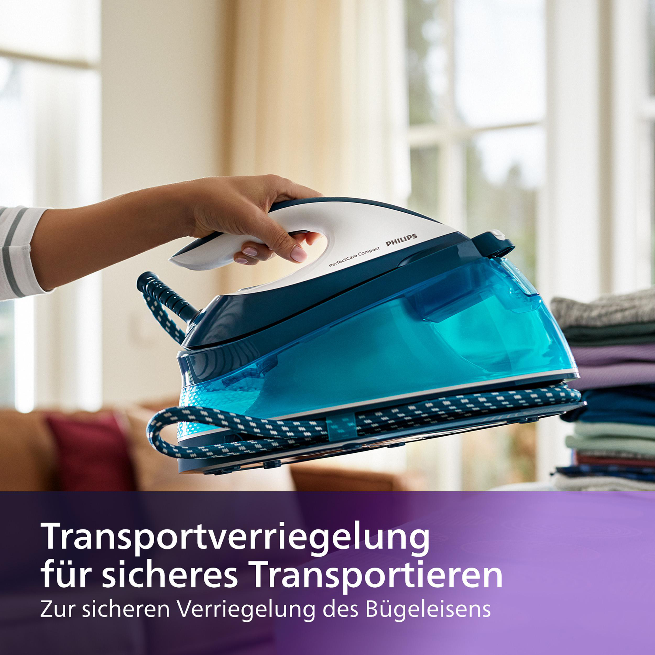 Ein blaues und weißes Bügeleisen mit Griff. Text 'Philips' und 'PerfectCare Compact' wird gezeigt.