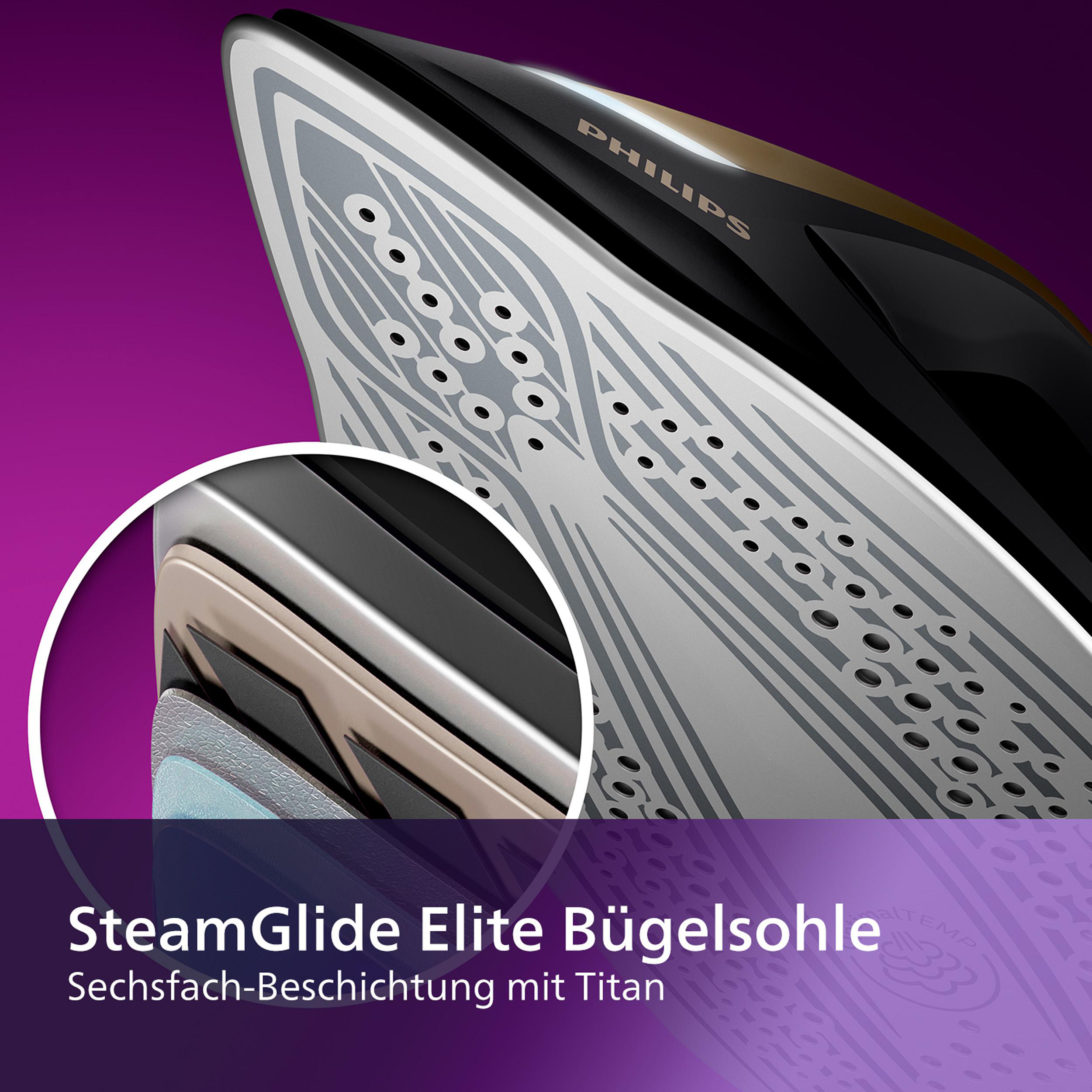 Nahaufnahme der Bügeleisensohle, die ihr Design und die SteamGlide Elite-Funktionen hervorhebt.