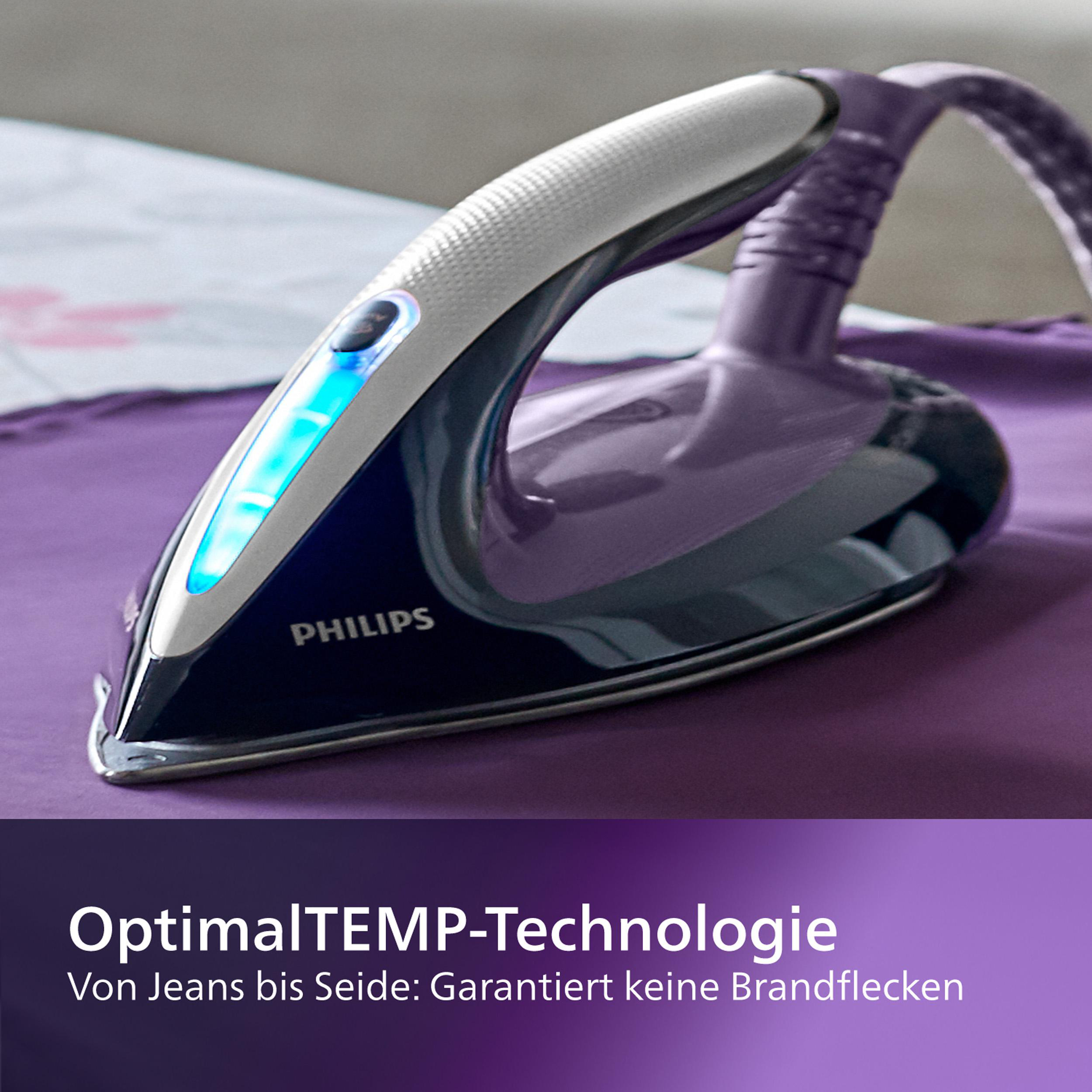Dunkelblaues Bügeleisen mit lila Basis. Text: 'OptimalTEMP-Technologie'.
