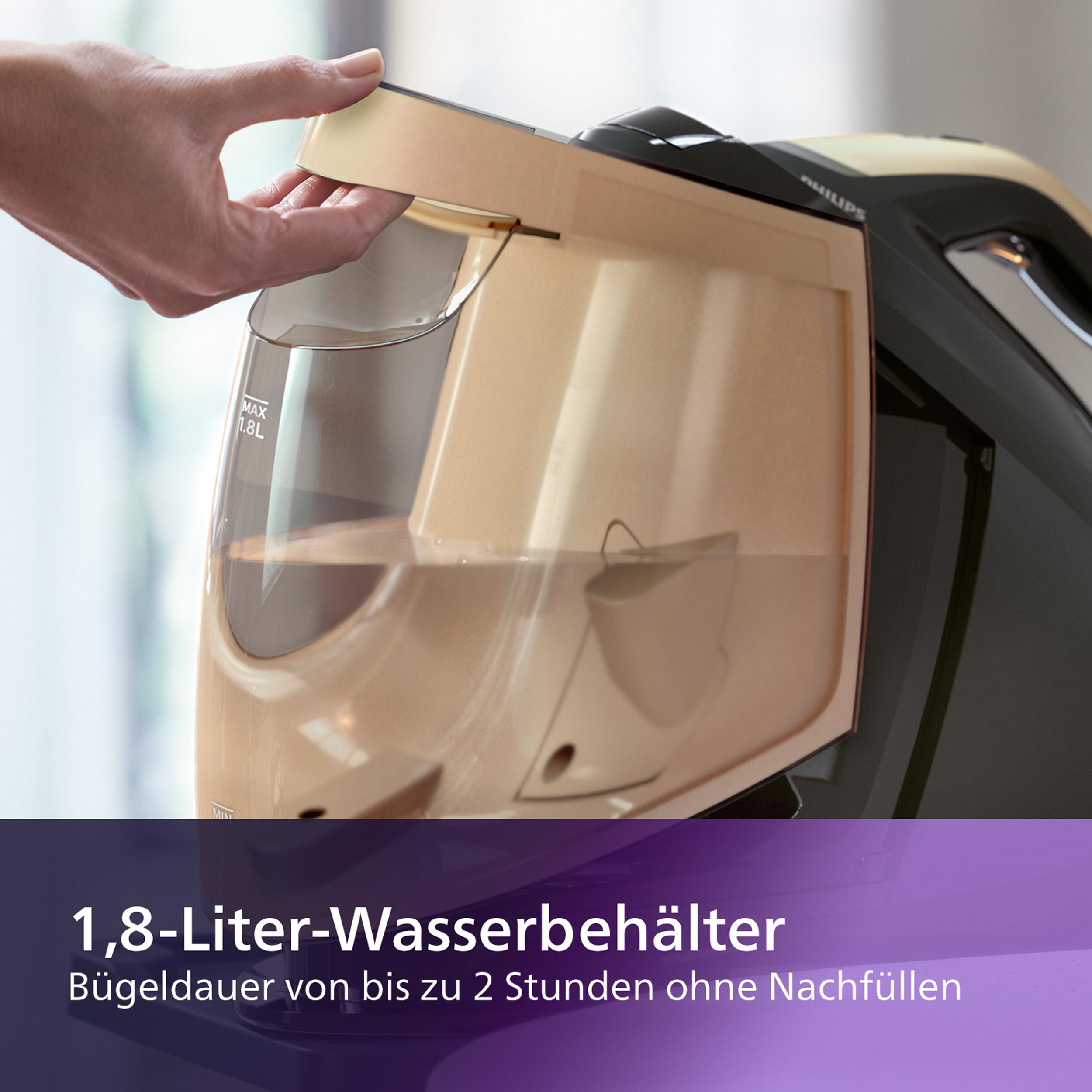 Hand öffnet Philips Bügeleisen-Wassertank, Innenansicht mit Wasser.