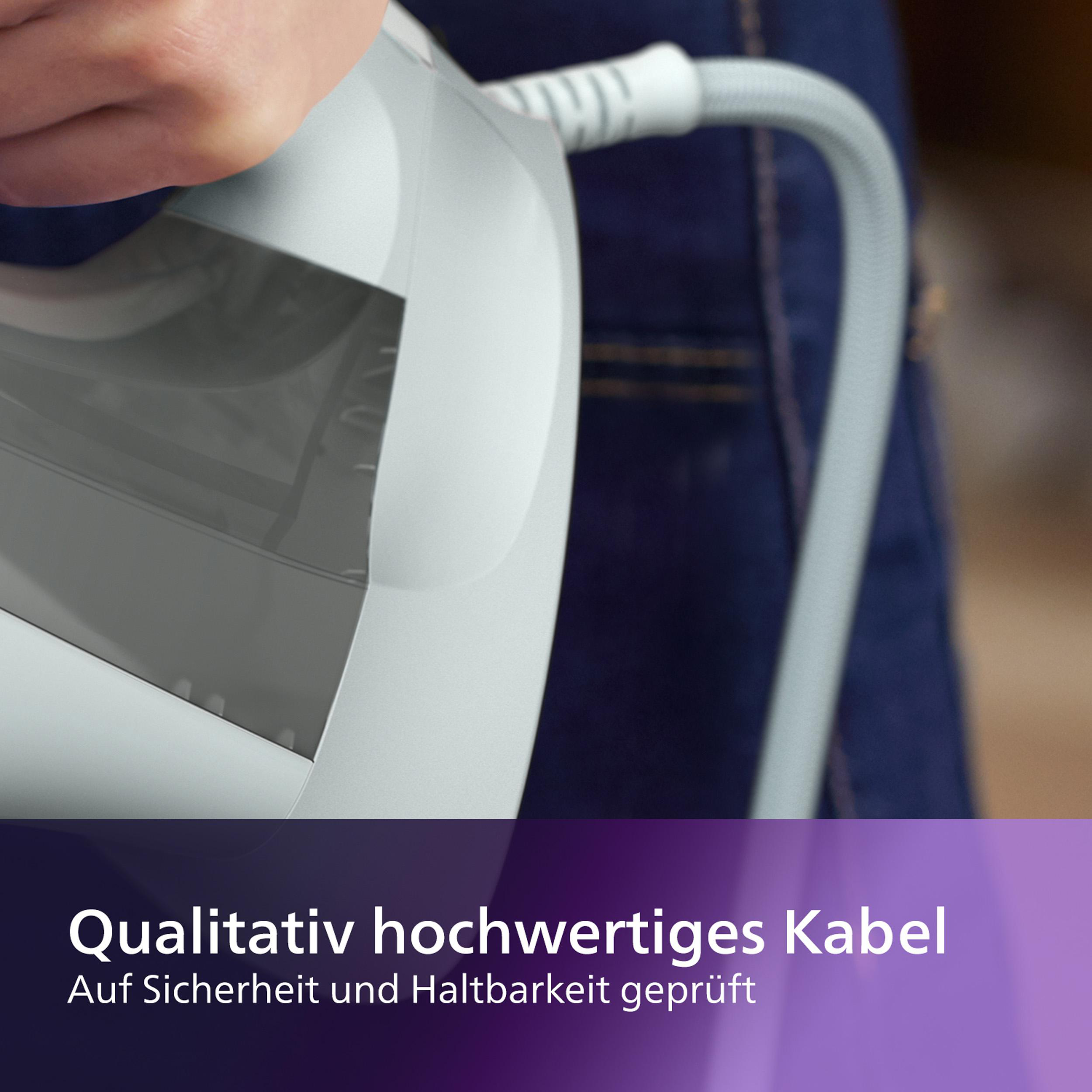 Bügeleisen und Kabel, Nahaufnahme. Text: Hochwertiges Kabel.