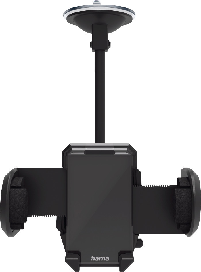 Un support de téléphone noir avec un long bras et une ventouse pour voiture.