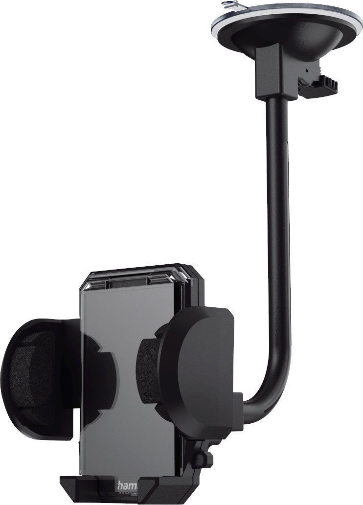 Support de téléphone de voiture noir avec ventouse et téléphone attaché.