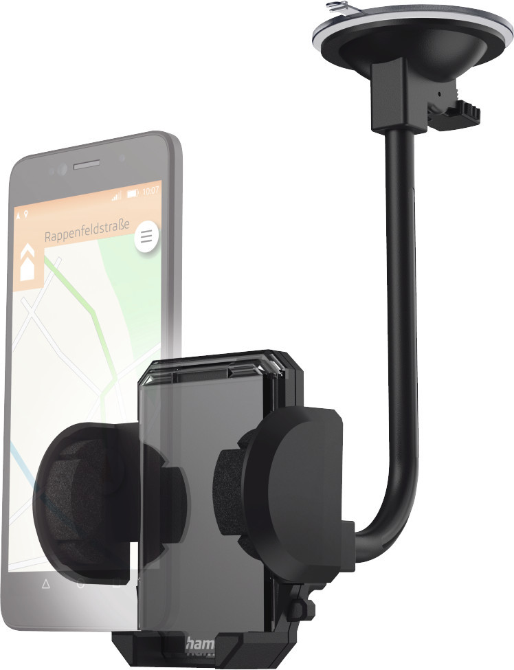 Téléphone dans un support de voiture, affichant une carte, fixé au pare-brise.
