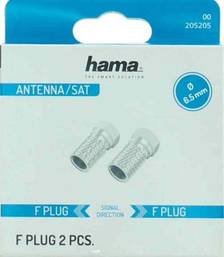 Anten fişlerinin bulunduğu bir kutu. Kutu beyaz ve mavidir ve Hama logosunu gösterir.