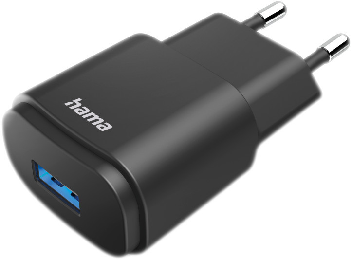 Black Hama USB charger. It has a USB-A port and two prongs for the outlet.