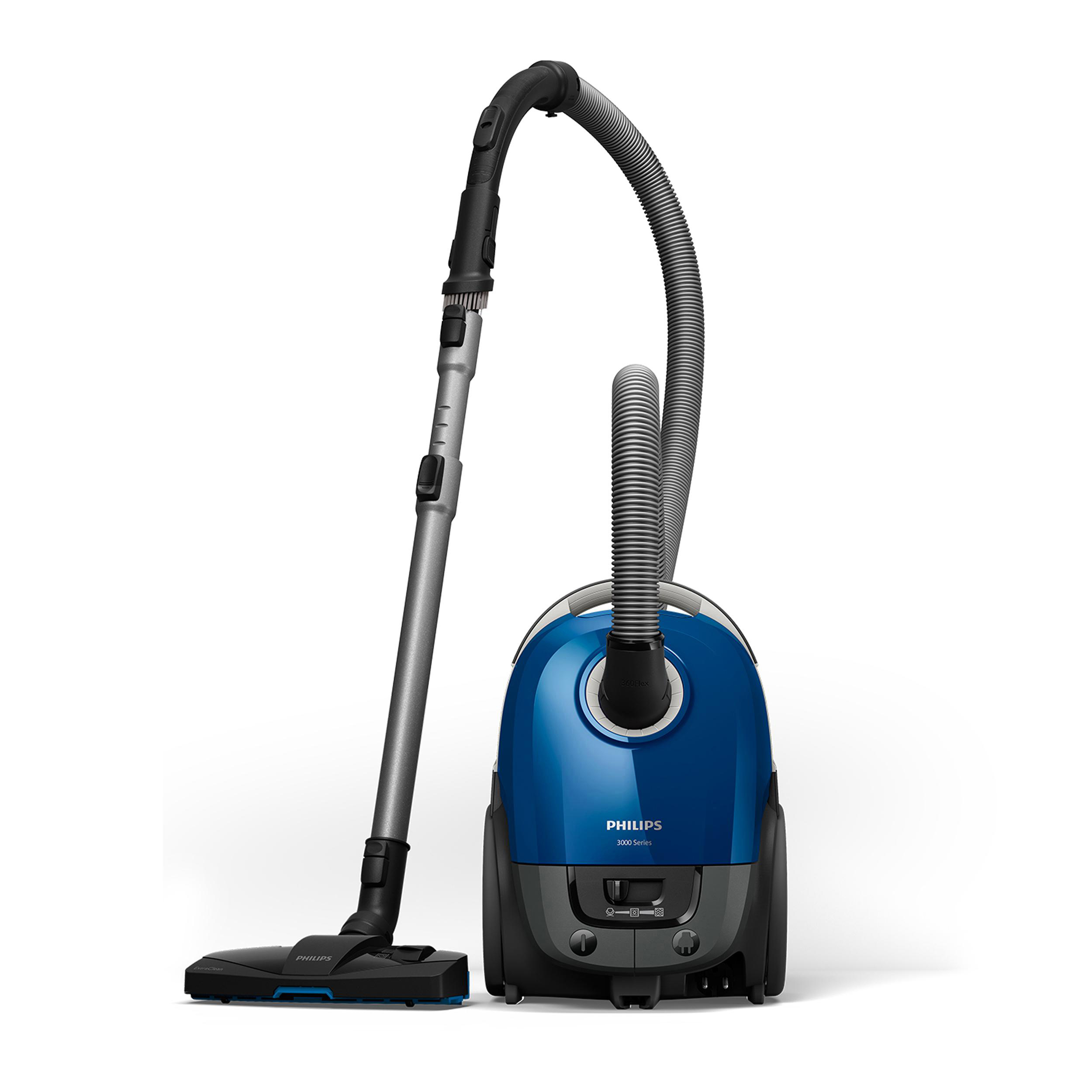 Ein blauer Philips Staubsauger mit langem, grauem Schlauch und schwarzem Reinigungskopf.