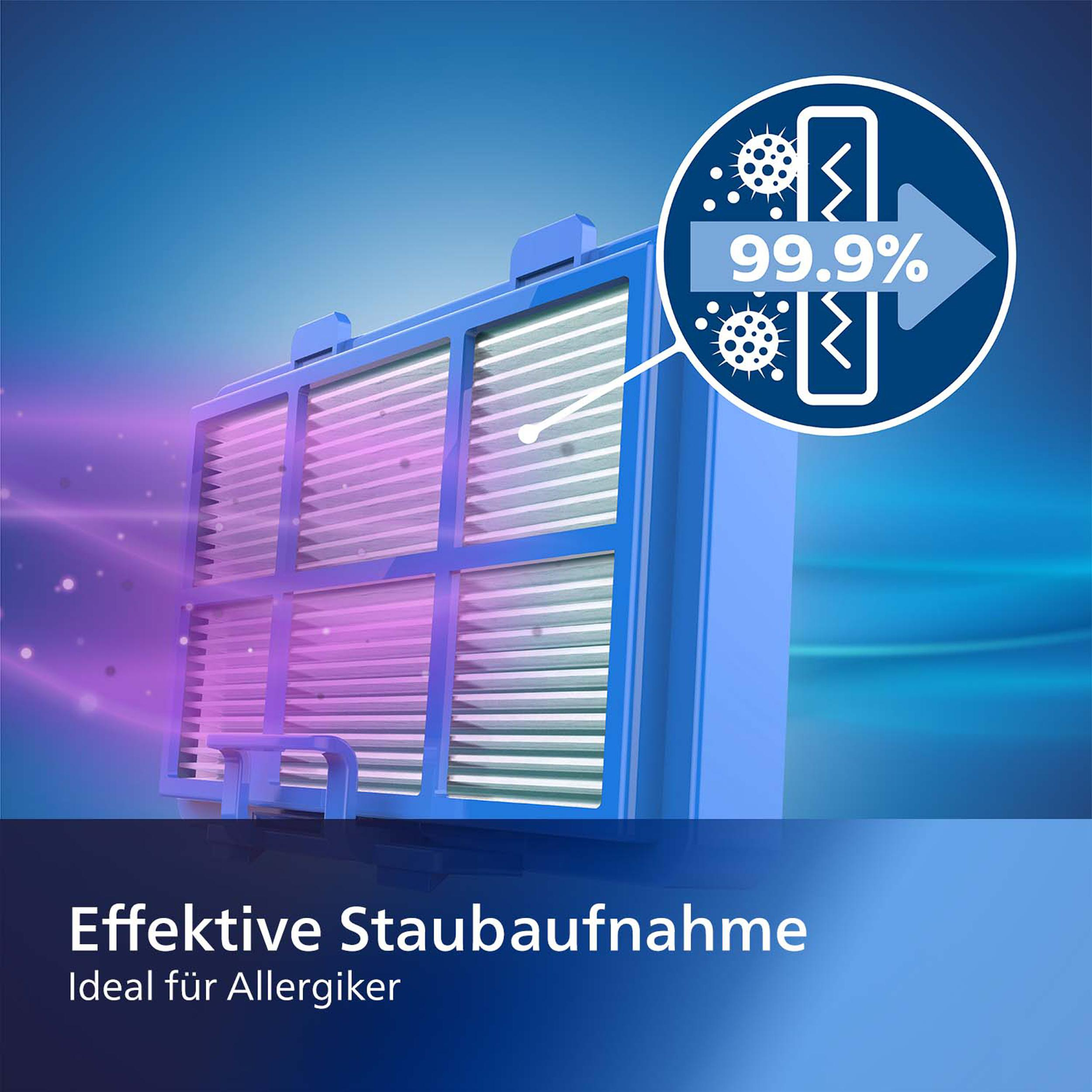 Blauer Luftfilter mit weißem Pfeil, der 99,9 % Filtereffizienz anzeigt. Lila und blauer Hintergrund.