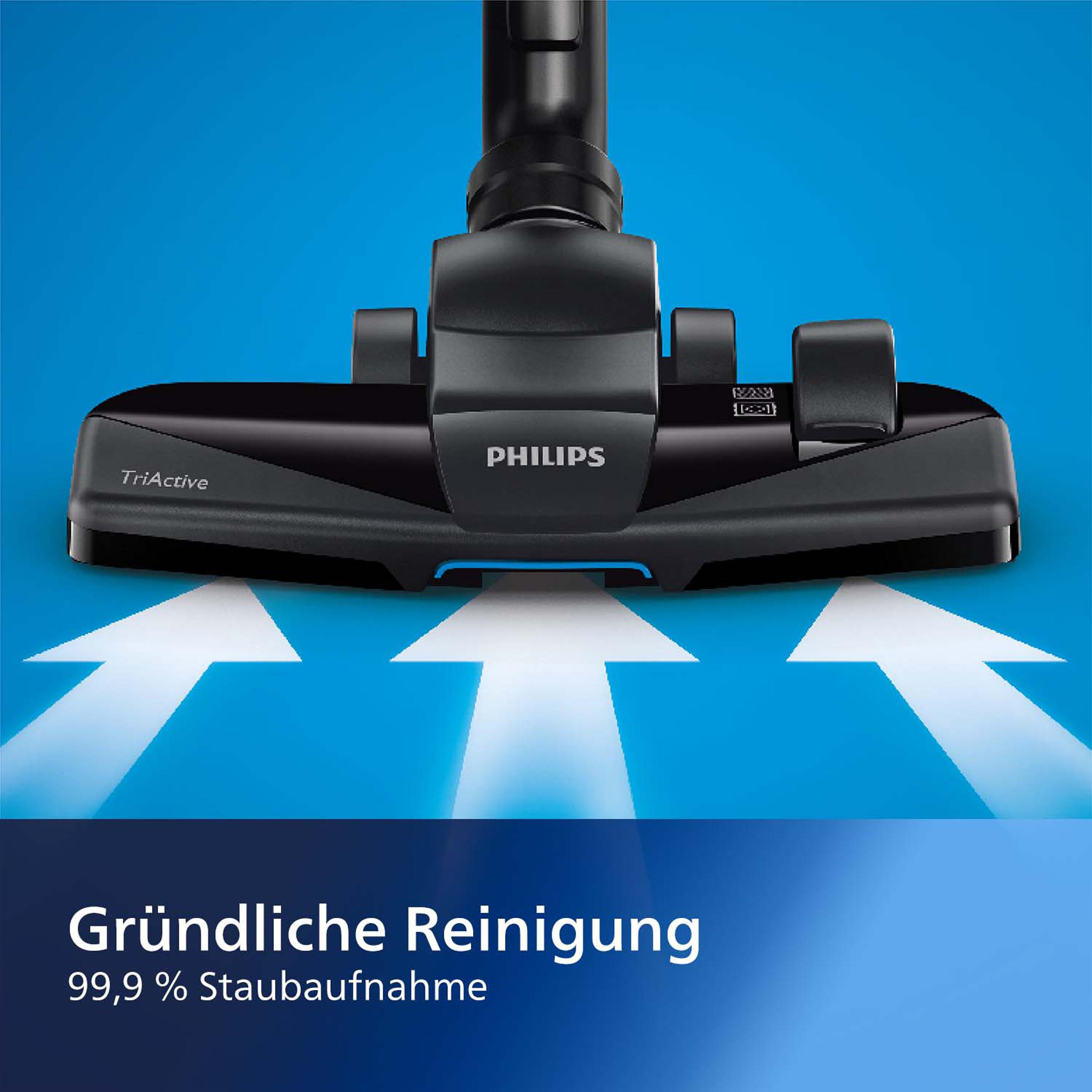 Ein Philips Staubsaugerkopf mit drei Pfeilen, mit Text zur Reinigung.