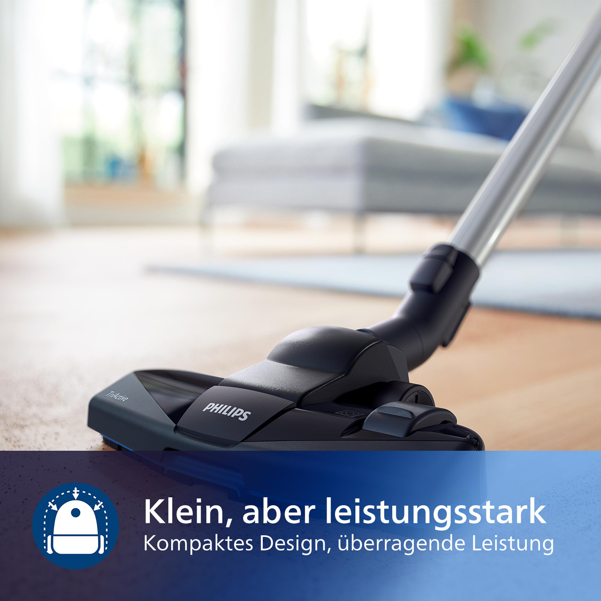 Staubsaugerkopf auf einem Teppich. Text: Klein, aber leistungsstark.