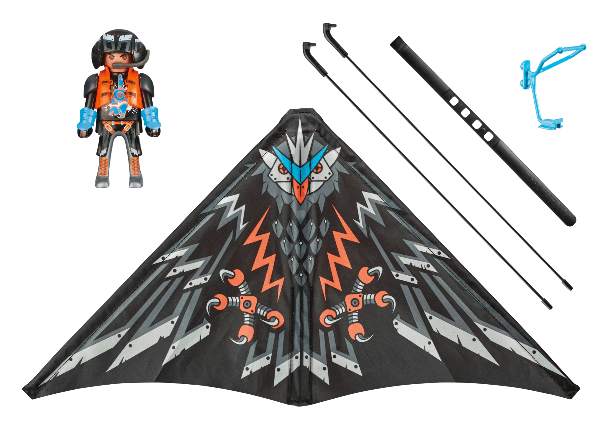 Ein Spielzeugset mit einem Drachen, einer Spielfigur eines Piloten und anderem Zubehör.