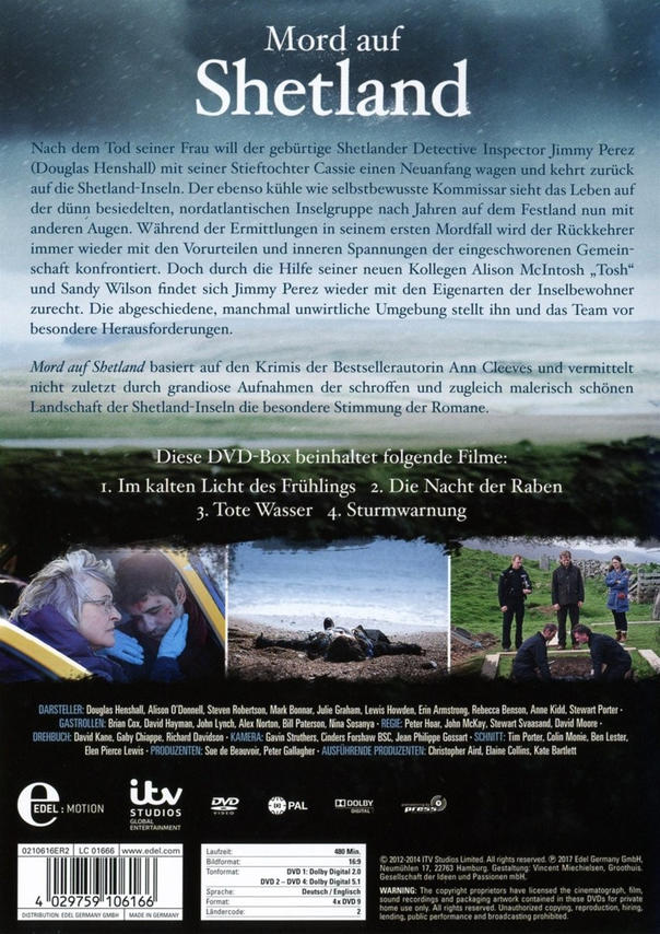 DVD-Cover: Menschen in einer Küstenlandschaft, Text 'Mord auf Shetland', Filmtitel.