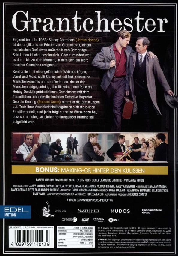 DVD-Cover von 'Grantchester' mit Schauspielern, Text und 'A Lovely Day' Logo.