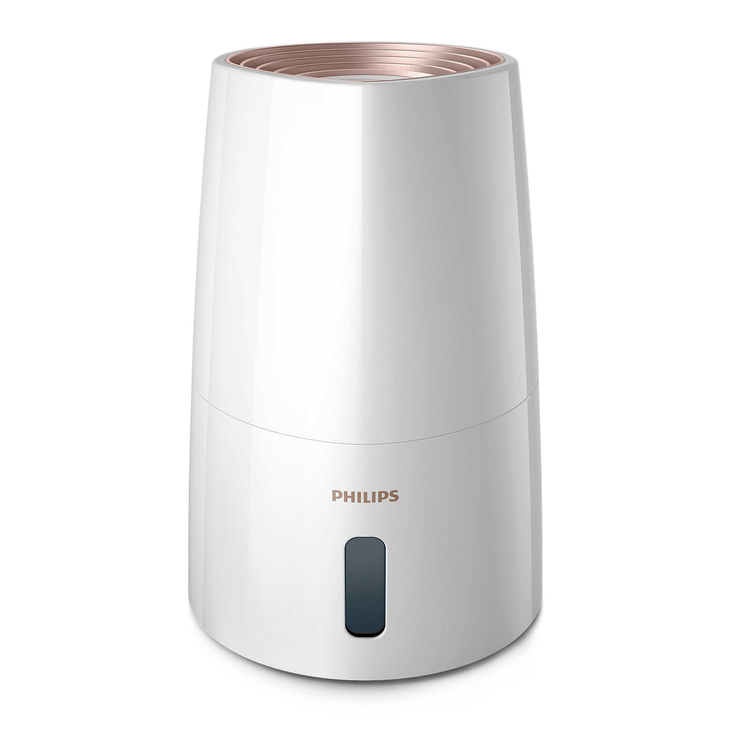 Weißer Philips Luftbefeuchter mit roségoldener Oberseite und dunkelblauem Fenster.