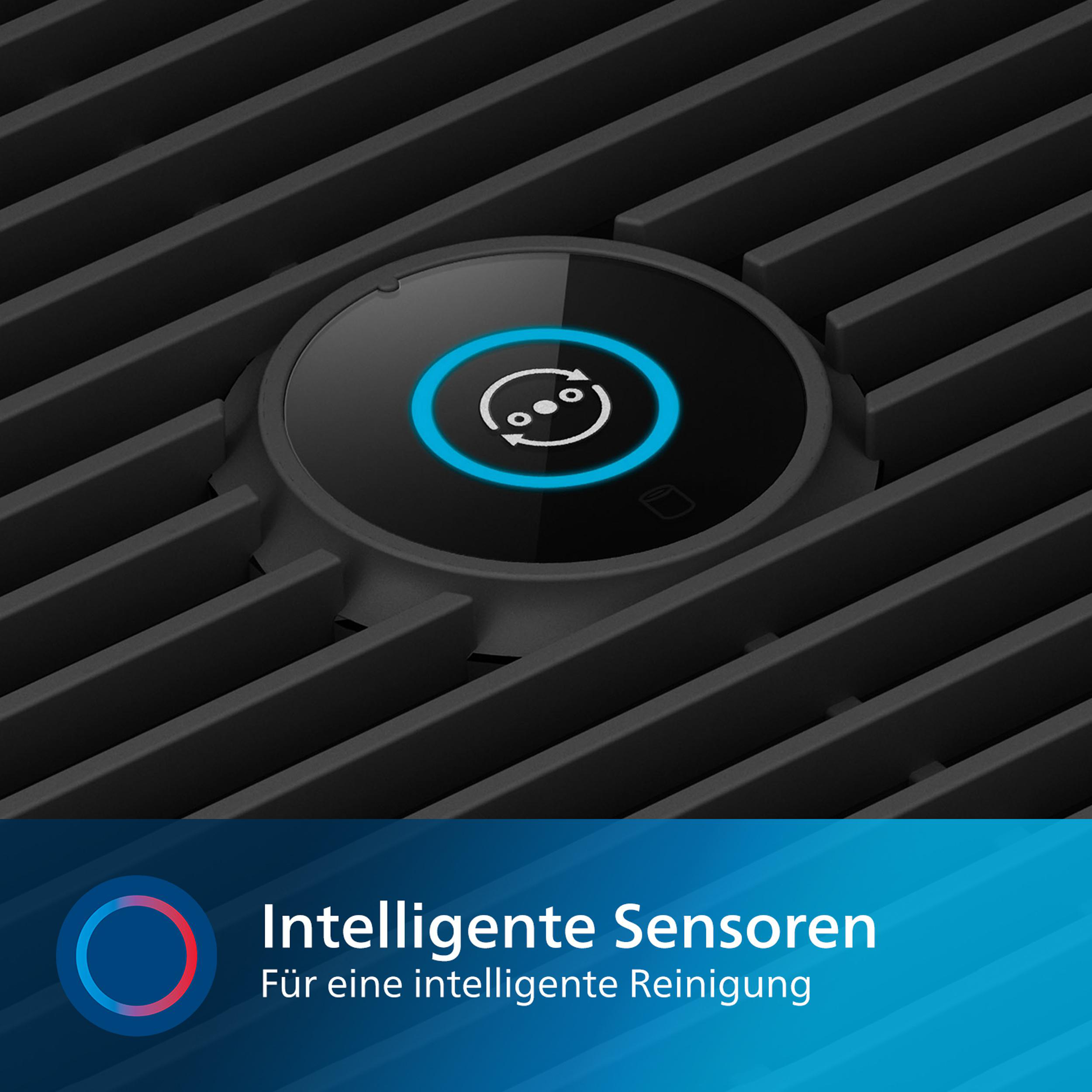 Ein schwarzer Luftreiniger mit einem runden Bedienfeld und einer blauen Lichtanzeige.
