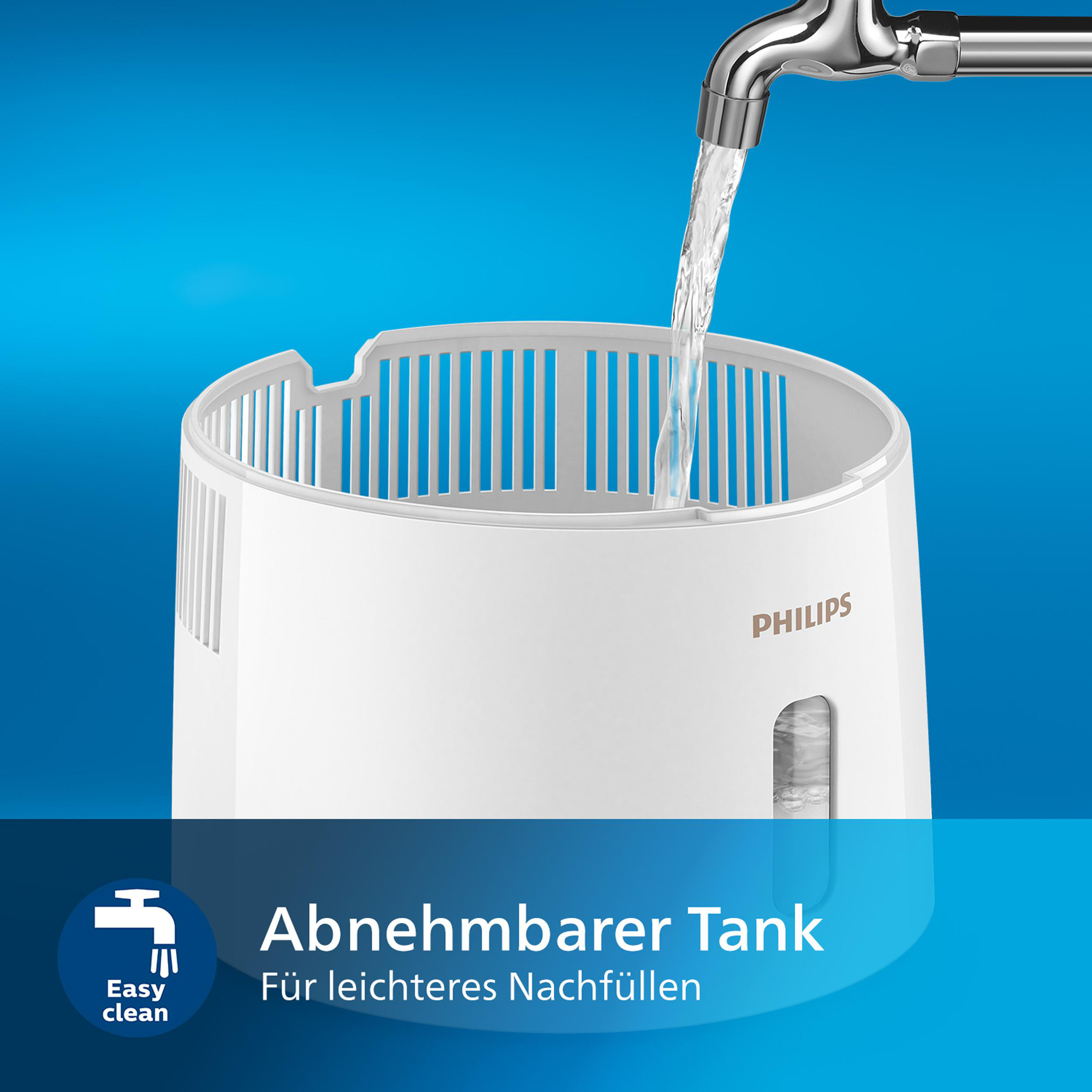 Wasser füllt einen weißen Tank. Der Text lautet 'Herausnehmbarer Tank'. Ein Wasserhahn befindet sich unten links.