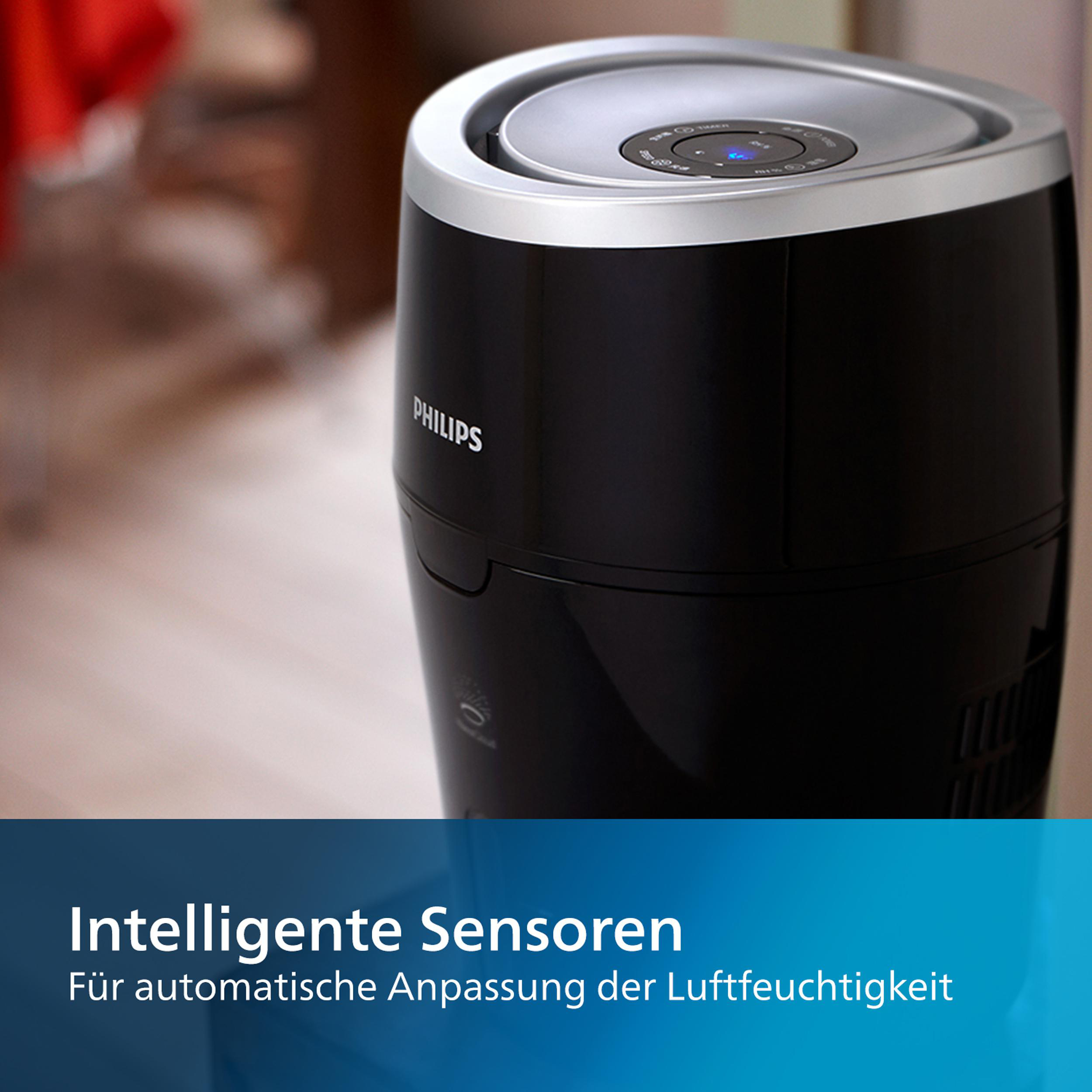 Schwarzer Luftreiniger mit silberner Oberseite. Text auf dem Bild.