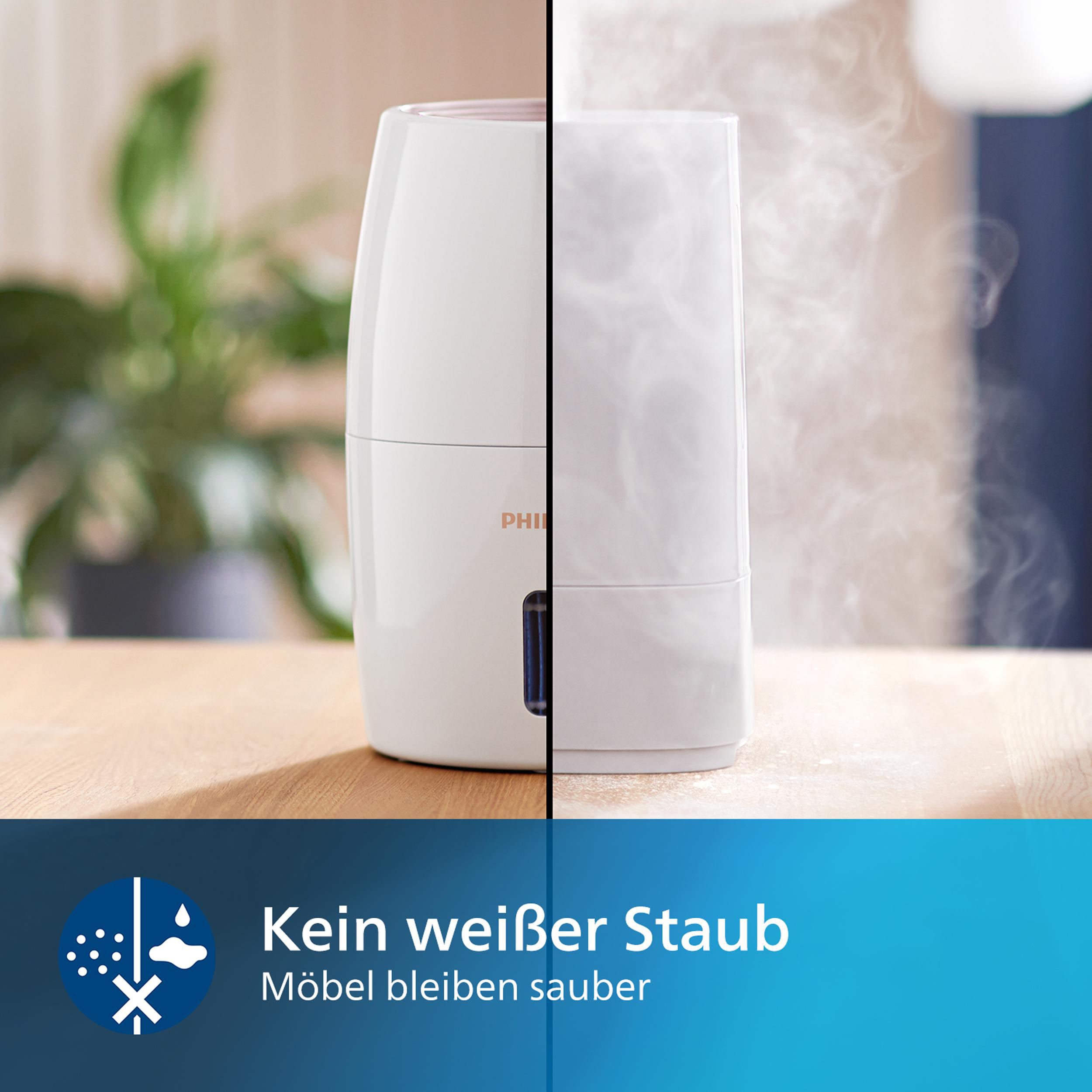 Weißer Luftbefeuchter auf Holztisch, mit Dampf. Text sagt 'Kein weißer Staub'.