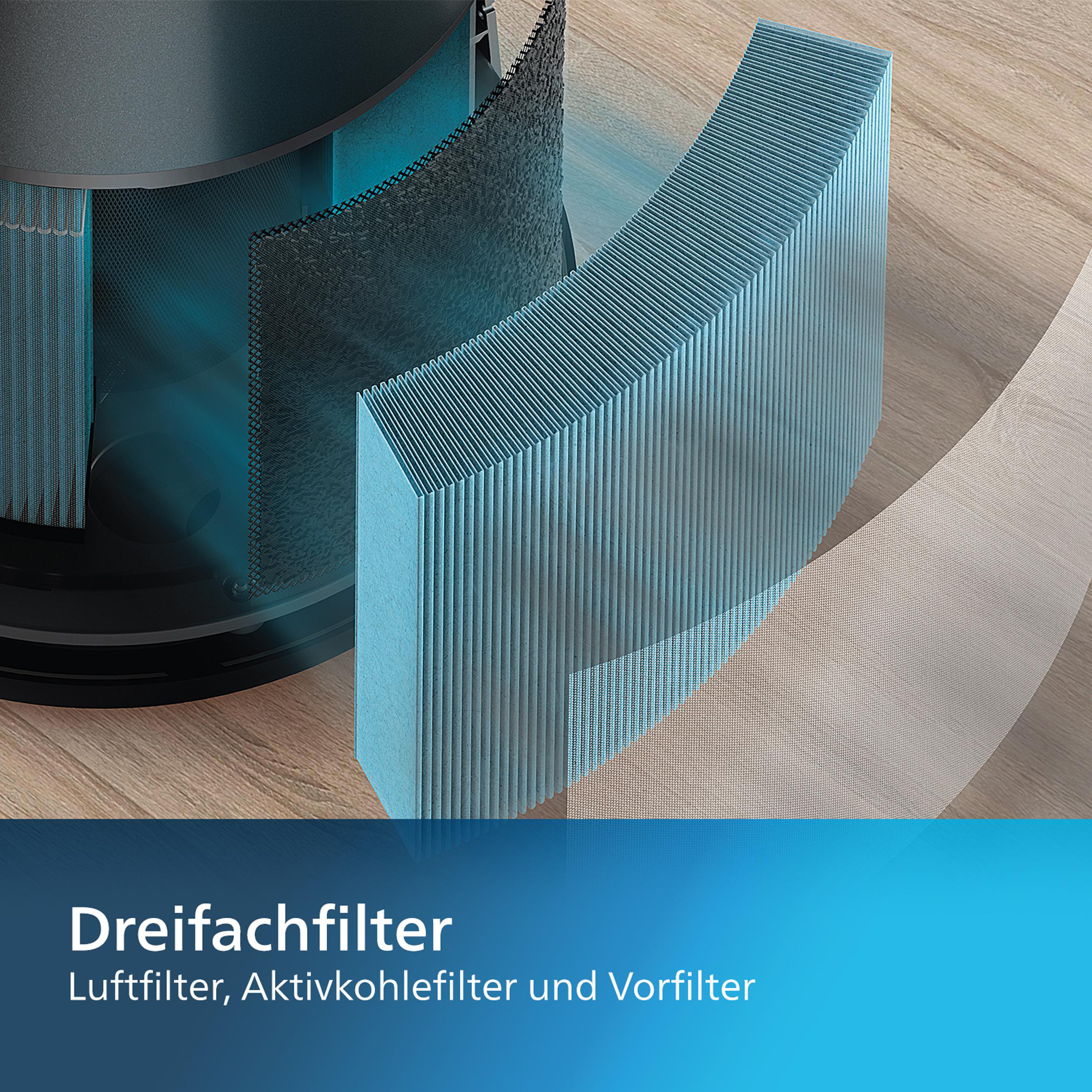 Blauer Luftfilter mit Schichten, die die verschiedenen Filterebenen zeigen.
