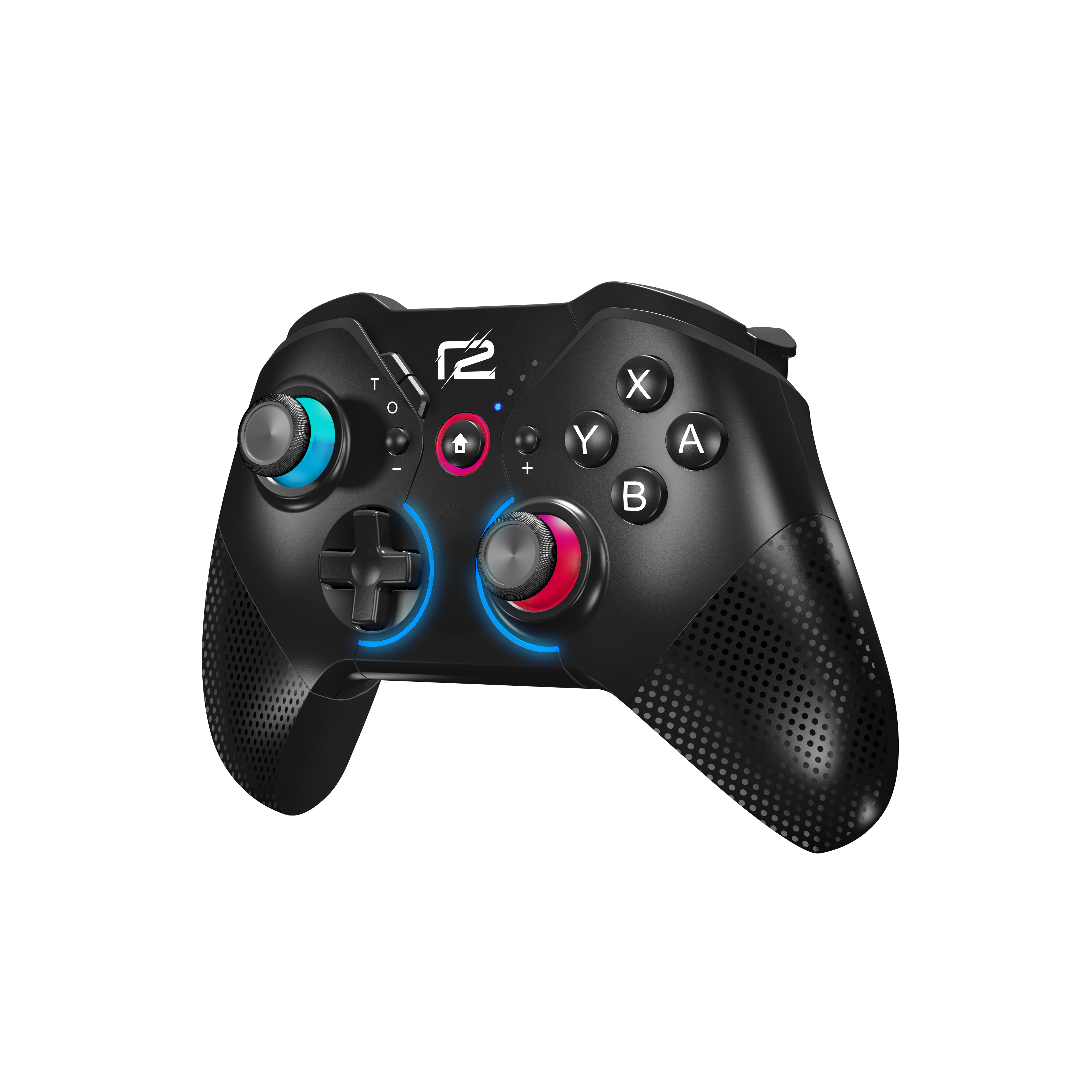Schwarzes Gamepad mit blauen und roten Akzenten, isoliert auf Schwarz.
