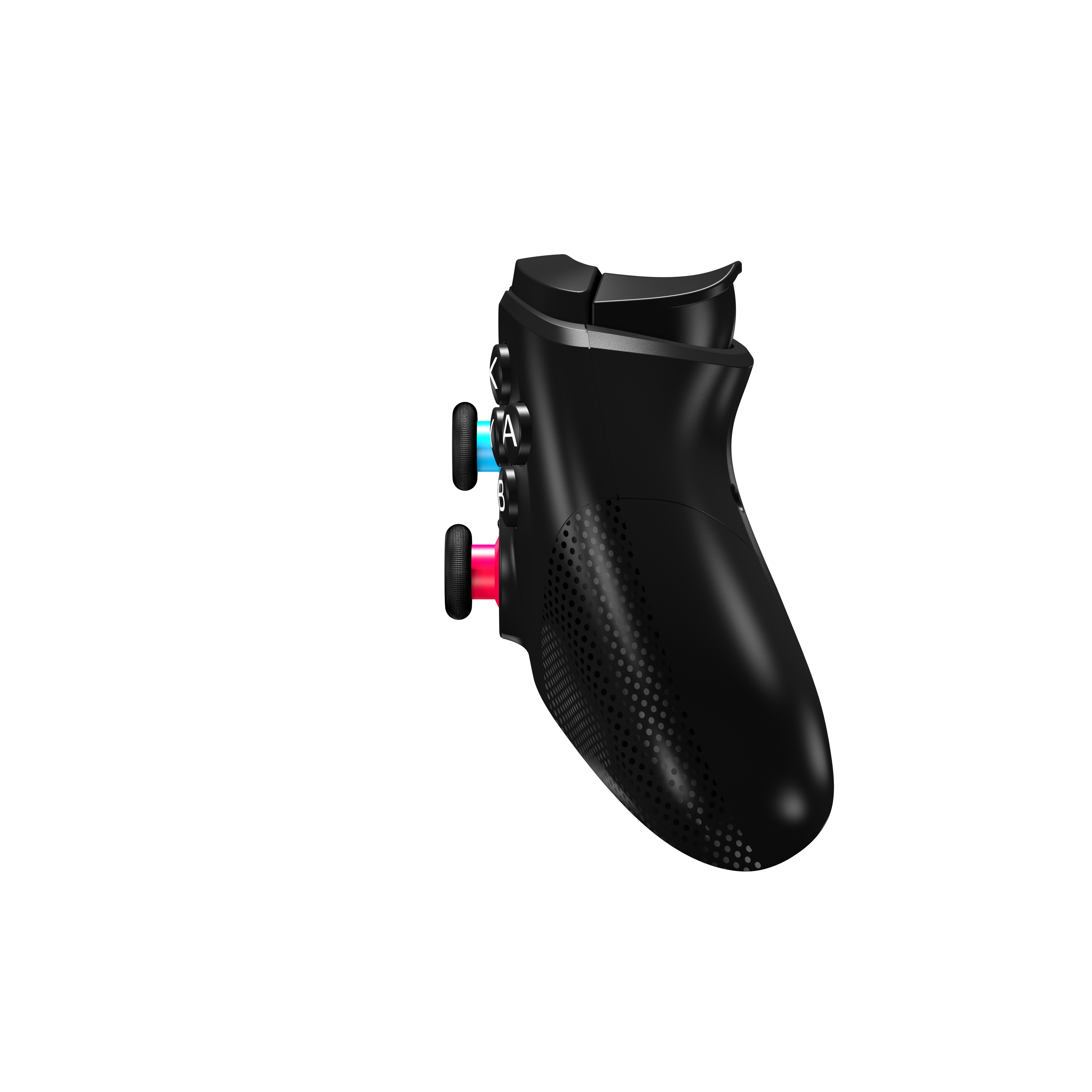 Ein schwarzer Gaming-Controller mit Tasten und strukturierter Grifffläche.