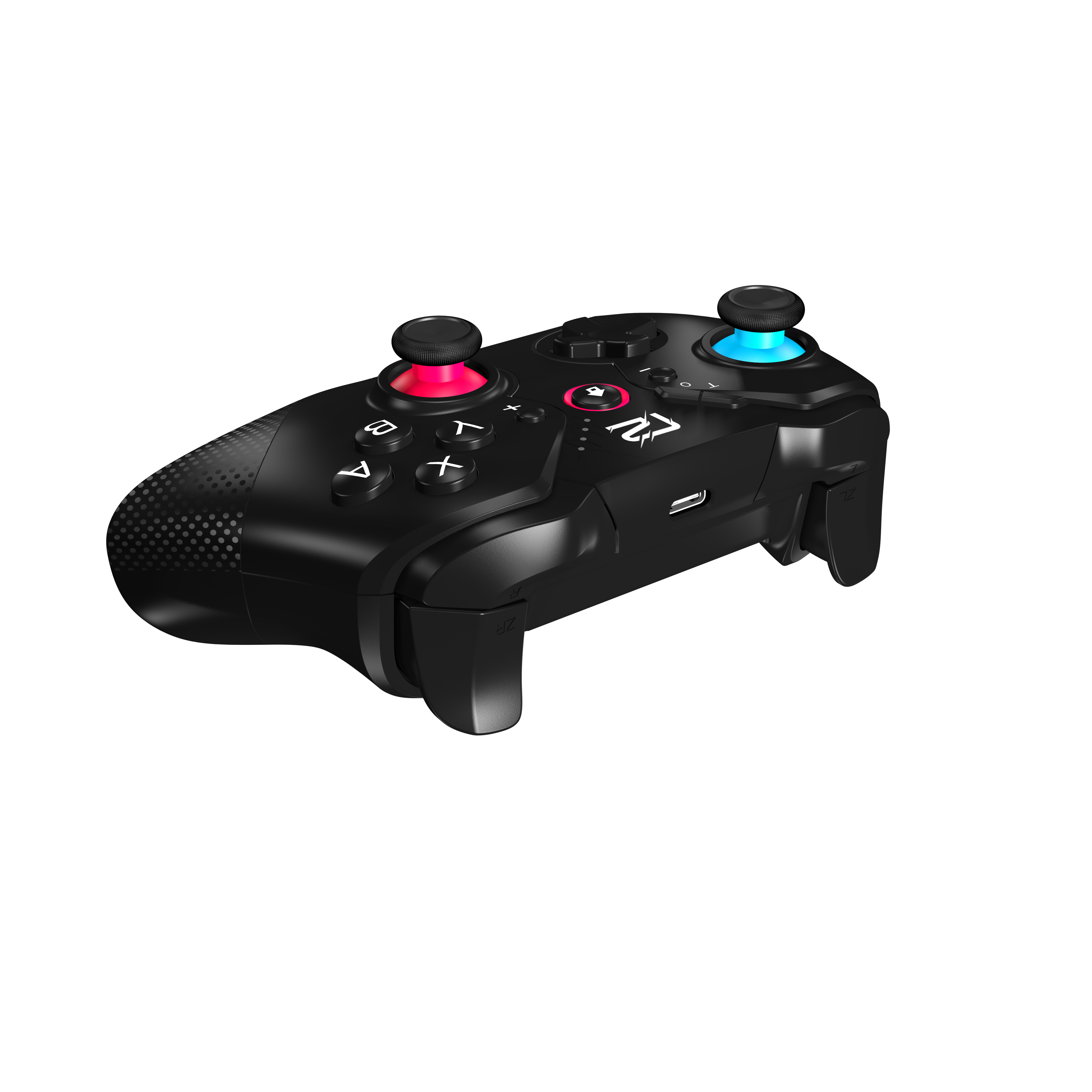 Ein schwarzer Gamecontroller mit roten und blauen Knöpfen, auf schwarzem Hintergrund. Seitenansicht.