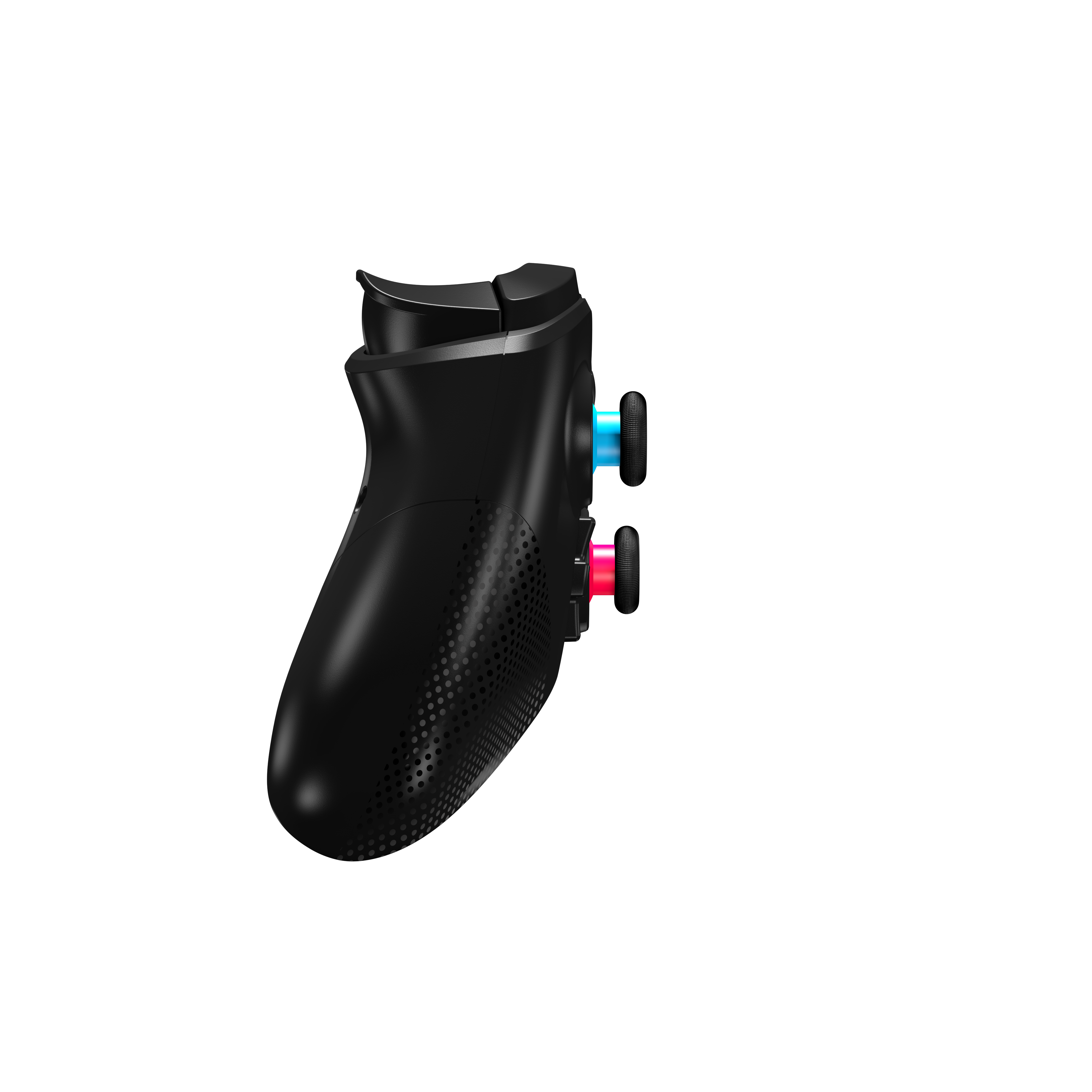 Schwarzer Gaming-Controller mit blauen und roten Joysticks auf schwarzem Hintergrund.