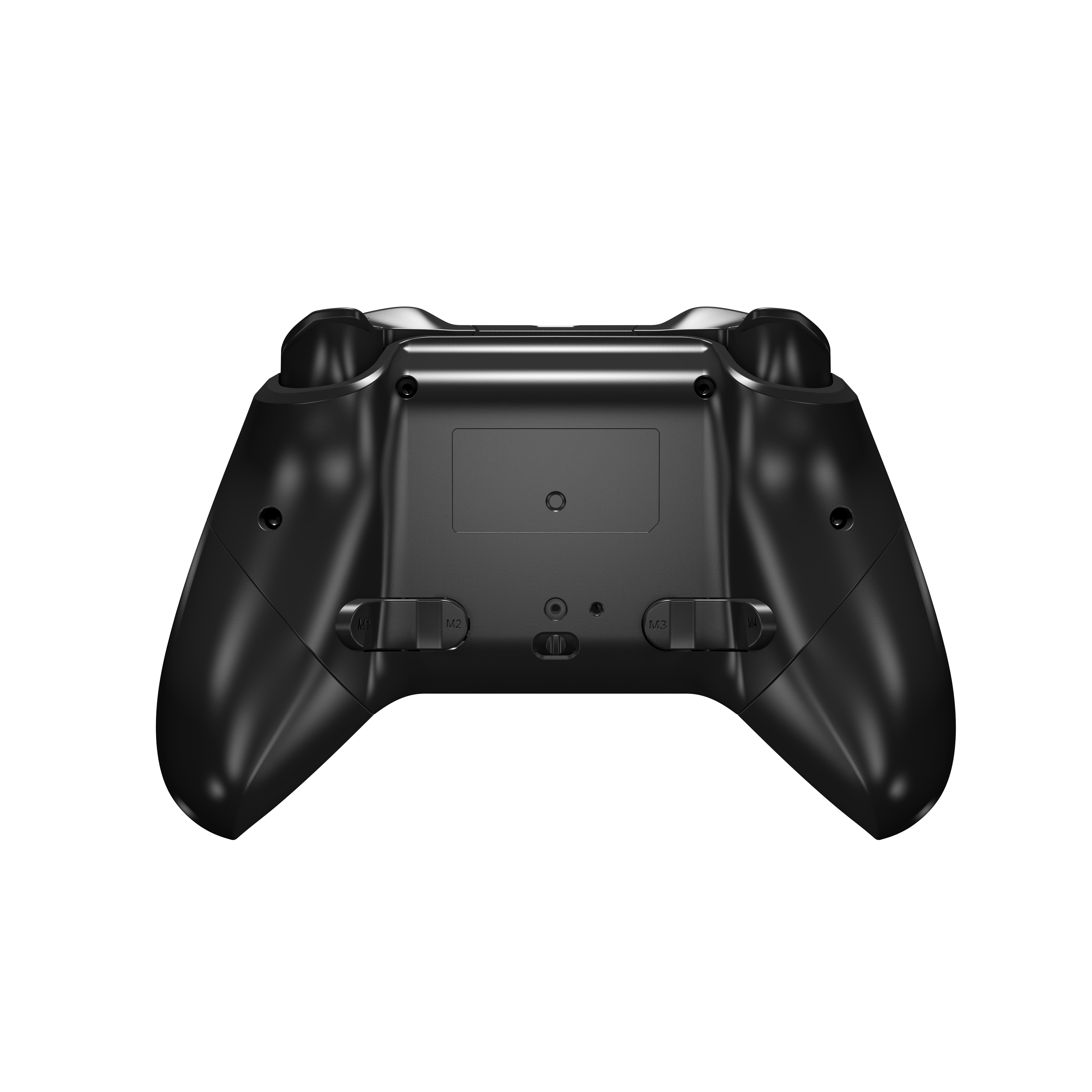 Die Rückseite eines schwarzen Xbox-Controllers mit Knöpfen und Anschlüssen, auf schwarzem Hintergrund.
