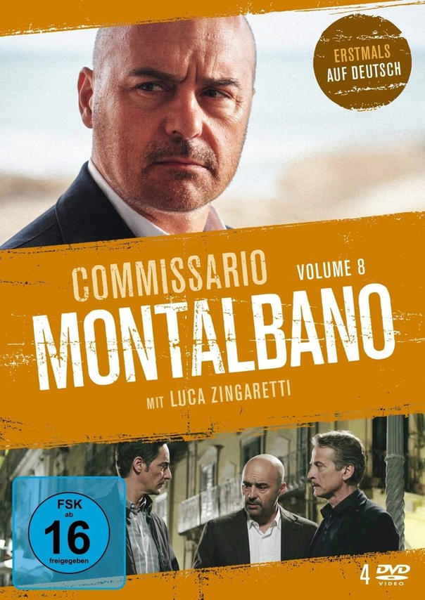 DVD-Cover von Commissario Montalbano, Band 8. Zeigt einen Mann mit Glatze und ernstem Gesichtsausdruck.
