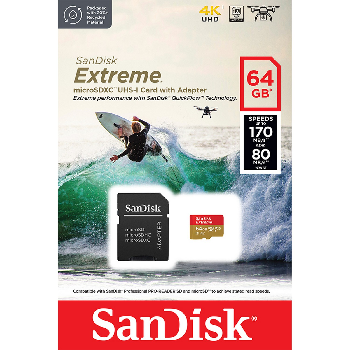Scheda microSD Sandisk Extreme con adattatore, surfista nell'onda, drone che vola.