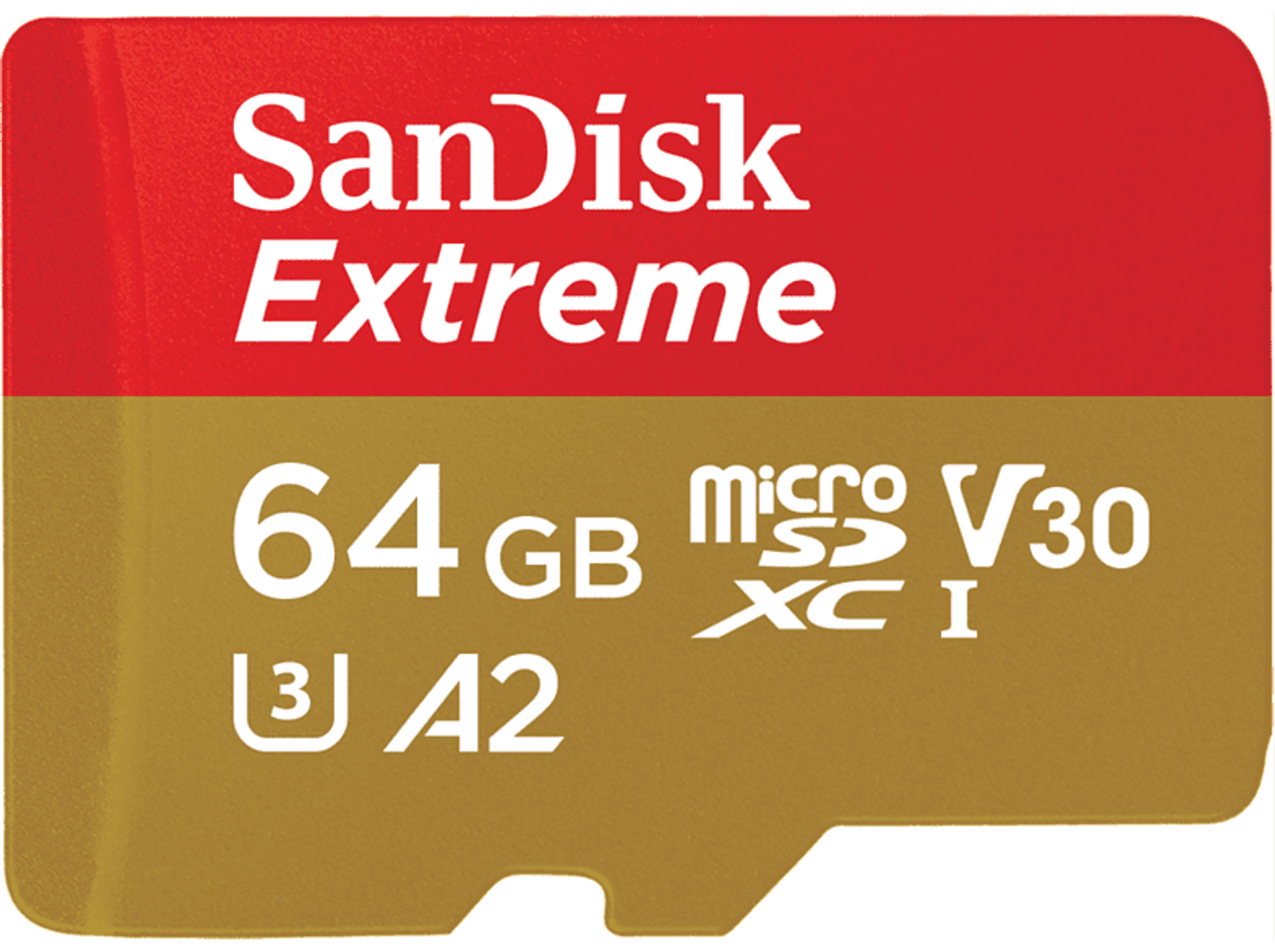 Scheda Sandisk Extreme microSDXC con testo e logo su sfondo rosso e oro.