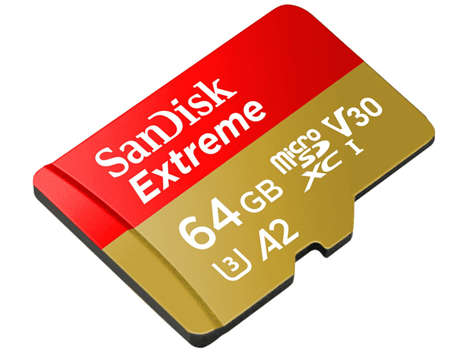 Scheda microSD Sandisk Extreme. Rossa e oro con testo: SanDisk Extreme, 64GB, A2, V30.