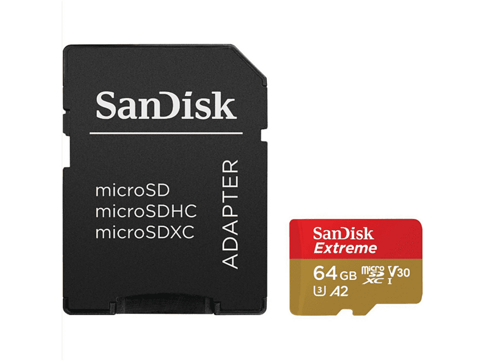 Adattatore per scheda SD Sandisk e una scheda microSD da 64 GB. Entrambi su una superficie nera.